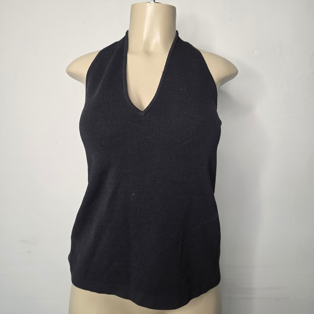 Ann Taylor Halter Top Women XL Black V-Neck Knit Sleeveless Open Back 427622